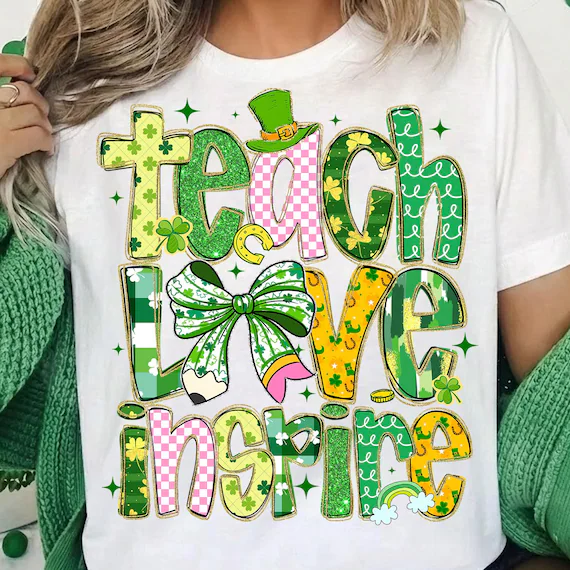 Teach Love Inspire Png, St Patricks Day Teacher Png, Coquette Bow Png, Pencil Bow Png, Retro School Png, Lucky Teacher Png, Sublimation